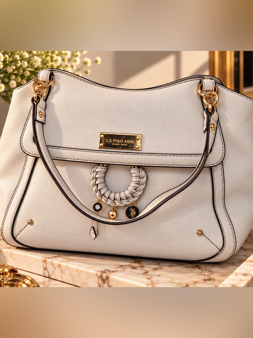 U.S. Polo Assn. Cream/ Light Grey Shoulder Bag with Gold Accents